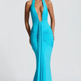Natasha | Ruched Bodycon Plunging Halter Maxi Dress