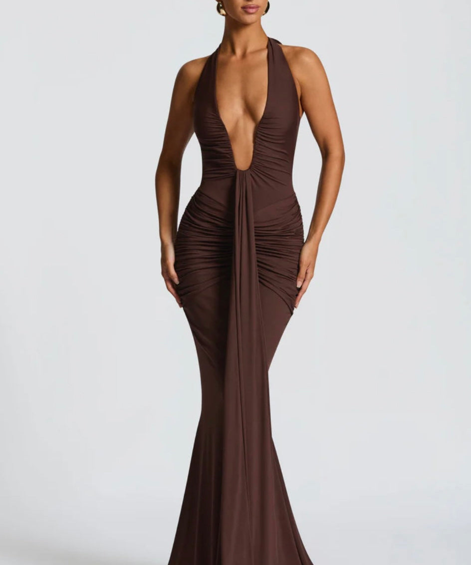 Natasha | Ruched Bodycon Plunging Halter Maxi Dress