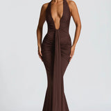 Natasha | Ruched Bodycon Plunging Halter Maxi Dress