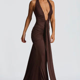 Natasha | Ruched Bodycon Plunging Halter Maxi Dress