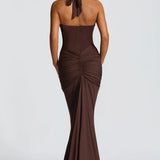Natasha | Ruched Bodycon Plunging Halter Maxi Dress
