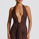 Natasha | Ruched Bodycon Plunging Halter Maxi Dress
