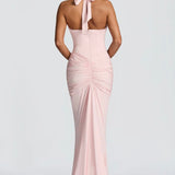 Natasha | Ruched Bodycon Plunging Halter Maxi Dress