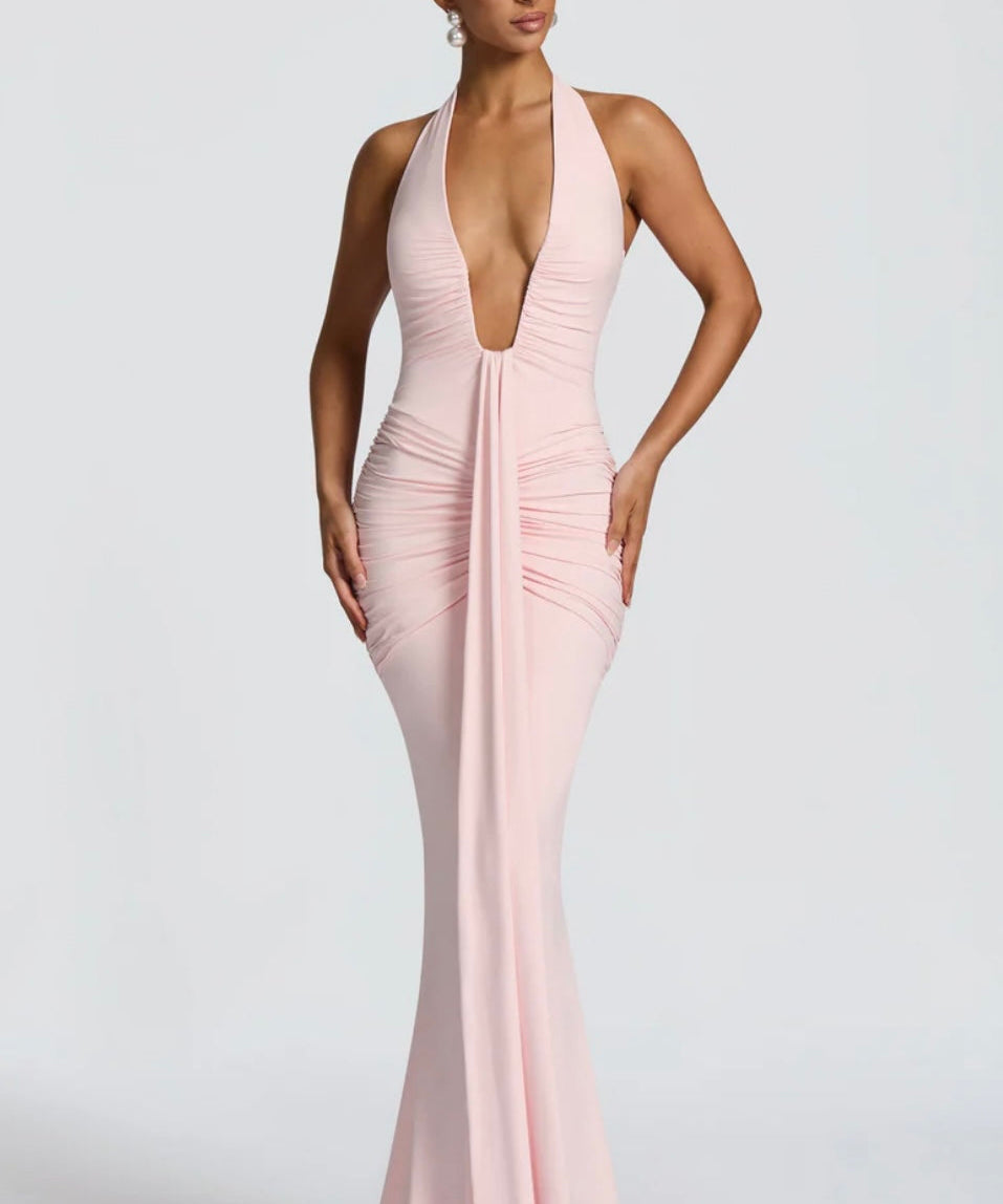 Natasha | Ruched Bodycon Plunging Halter Maxi Dress
