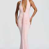 Natasha | Ruched Bodycon Plunging Halter Maxi Dress