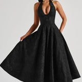 Floriane | Halter Neck Floral Jacquard Midi Dress