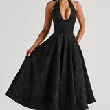 Floriane | Halter Neck Floral Jacquard Midi Dress