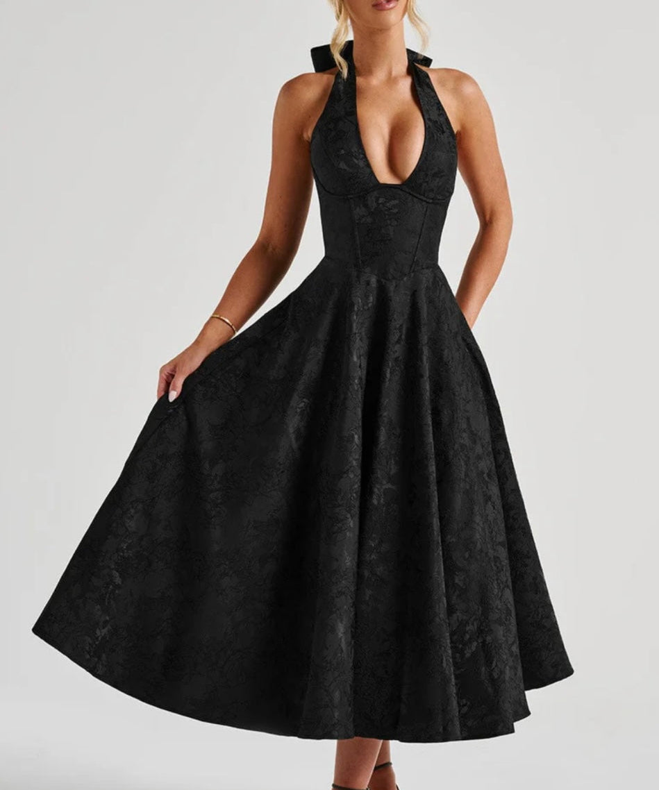 Floriane | Halter Neck Floral Jacquard Midi Dress