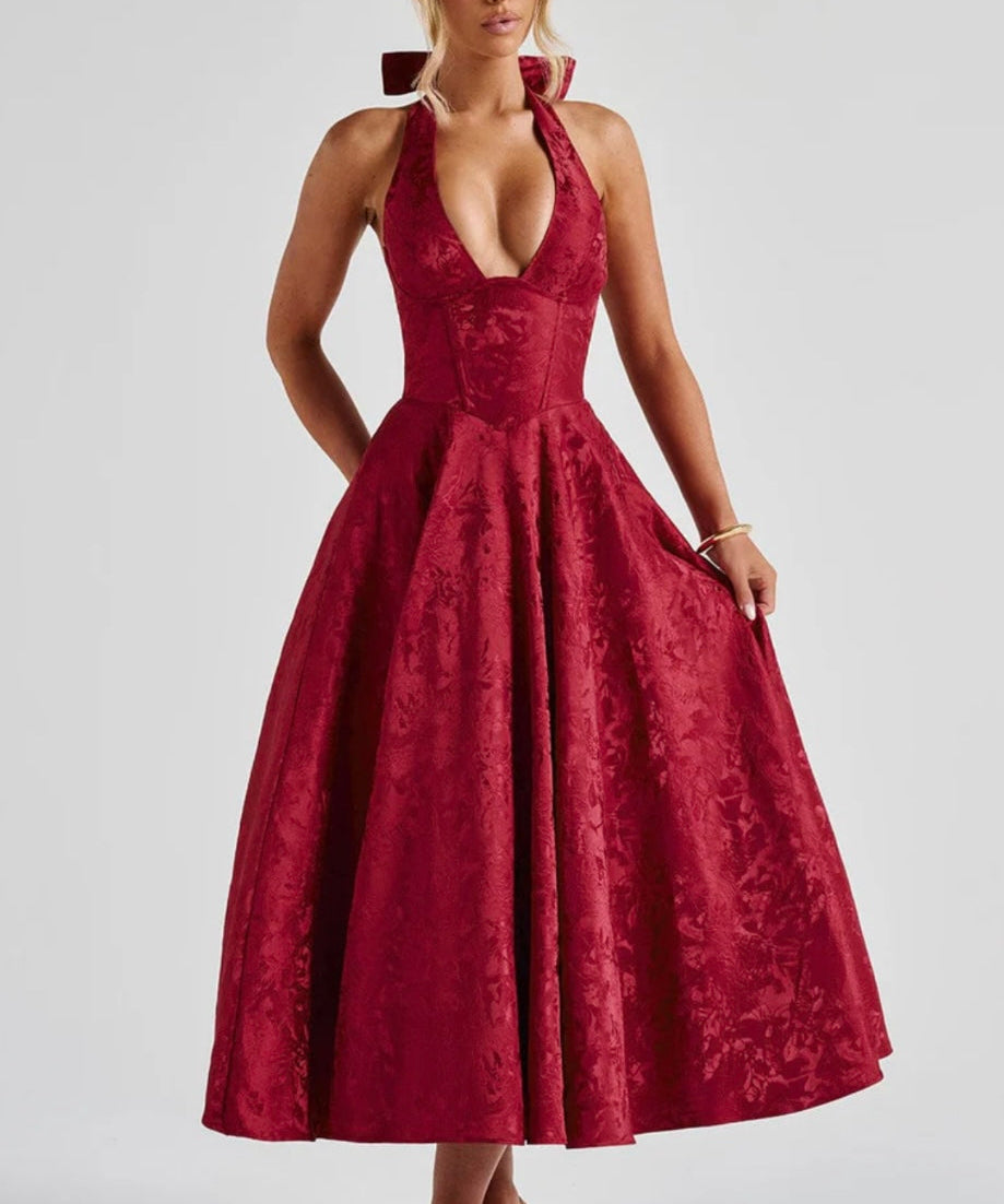 Floriane | Halter Neck Floral Jacquard Midi Dress