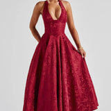 Floriane | Halter Neck Floral Jacquard Midi Dress