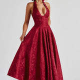 Floriane | Halter Neck Floral Jacquard Midi Dress