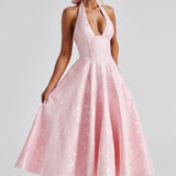 Floriane | Halter Neck Floral Jacquard Midi Dress