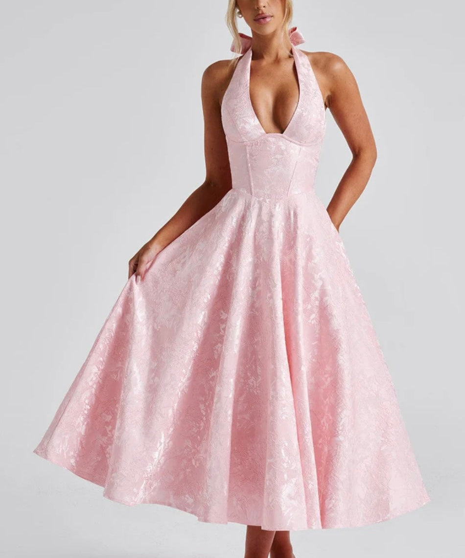 Floriane | Halter Neck Floral Jacquard Midi Dress
