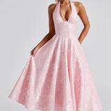 Floriane | Halter Neck Floral Jacquard Midi Dress