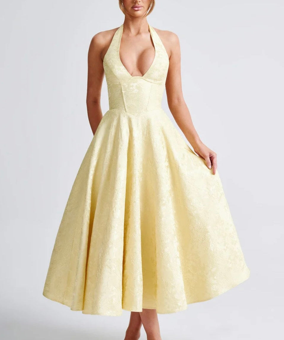 Floriane | Halter Neck Floral Jacquard Midi Dress