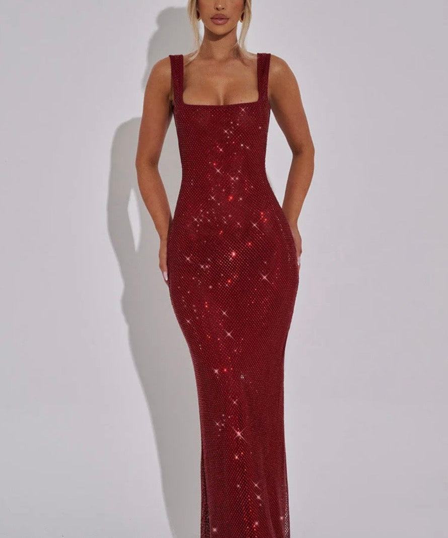 Elara | Sculpted Square Neck Crystal Mesh Maxi Dress