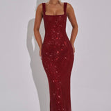 Elara | Sculpted Square Neck Crystal Mesh Maxi Dress