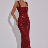 Elara | Sculpted Square Neck Crystal Mesh Maxi Dress