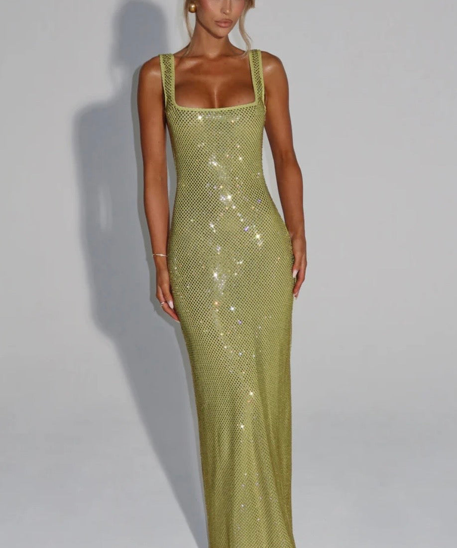 Olivia | Embellished Square Neck Crystal Mesh Maxi Dress