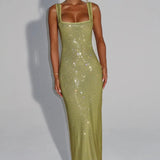 Olivia | Embellished Square Neck Crystal Mesh Maxi Dress