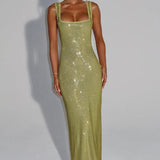 Olivia | Embellished Square Neck Crystal Mesh Maxi Dress