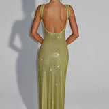 Elara | Sculpted Square Neck Crystal Mesh Maxi Dress