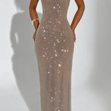 Elara | Sculpted Square Neck Crystal Mesh Maxi Dress
