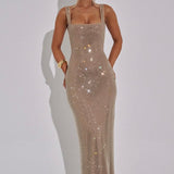 Elara | Sculpted Square Neck Crystal Mesh Maxi Dress