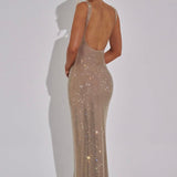 Elara | Sculpted Square Neck Crystal Mesh Maxi Dress