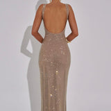 Elara | Sculpted Square Neck Crystal Mesh Maxi Dress