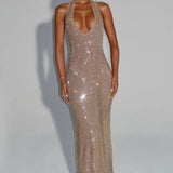 Cassidy | Plunging Neckline Crystal Mesh Halter Maxi Dress