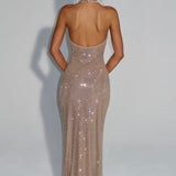 Cassidy | Plunging Neckline Crystal Mesh Halter Maxi Dress