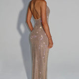 Cassidy | Plunging Neckline Crystal Mesh Halter Maxi Dress