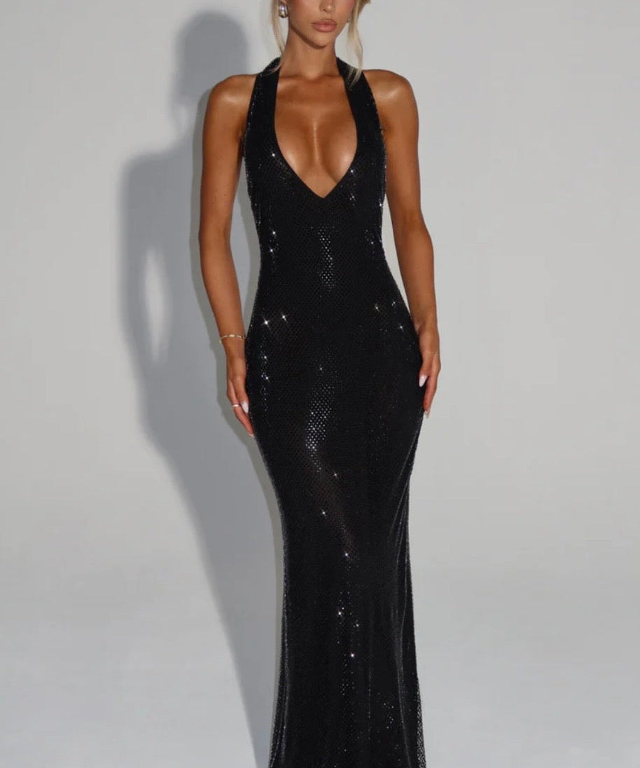 Cassidy | Plunging Neckline Crystal Mesh Halter Maxi Dress