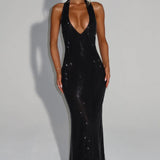 Cassidy | Plunging Neckline Crystal Mesh Halter Maxi Dress