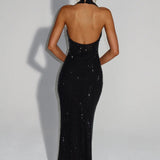 Cassidy | Plunging Neckline Crystal Mesh Halter Maxi Dress
