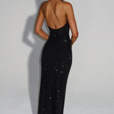 Cassidy | Plunging Neckline Crystal Mesh Halter Maxi Dress