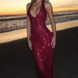 Cassidy | Plunging Neckline Crystal Mesh Halter Maxi Dress