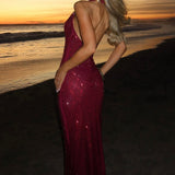 Cassidy | Plunging Neckline Crystal Mesh Halter Maxi Dress