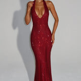 Cassidy | Plunging Neckline Crystal Mesh Halter Maxi Dress