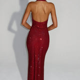 Cassidy | Plunging Neckline Crystal Mesh Halter Maxi Dress