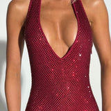 Cassidy | Plunging Neckline Crystal Mesh Halter Maxi Dress