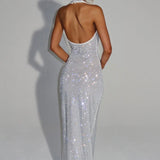 Cassidy | Plunging Neckline Crystal Mesh Halter Maxi Dress