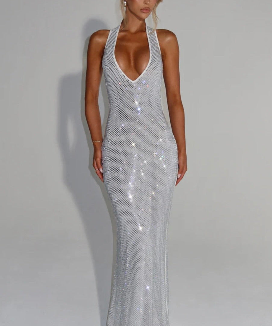 Cassidy | Plunging Neckline Crystal Mesh Halter Maxi Dress