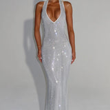 Cassidy | Plunging Neckline Crystal Mesh Halter Maxi Dress