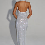 Cassidy | Plunging Neckline Crystal Mesh Halter Maxi Dress