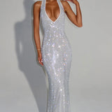 Cassidy | Plunging Neckline Crystal Mesh Halter Maxi Dress