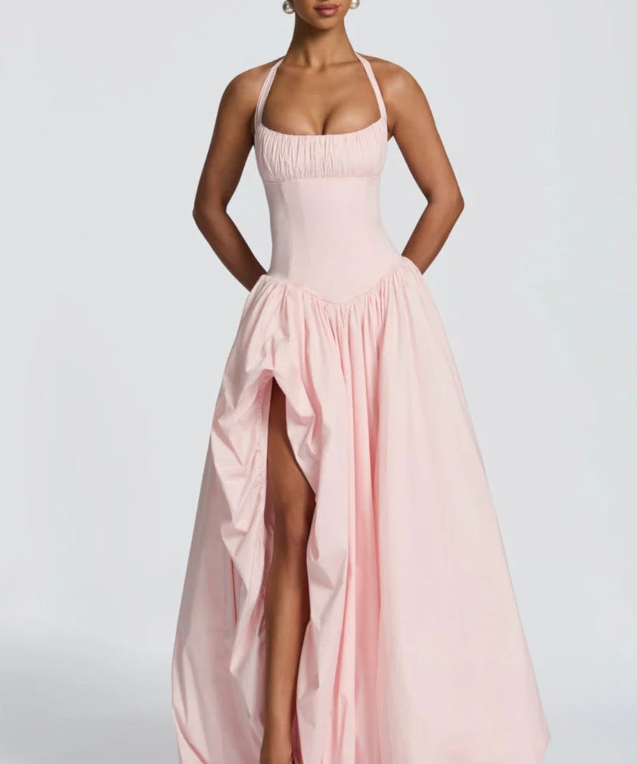 Rosalee | Sculpted Bodice Halter Maxi Dress with Side Split