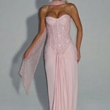 Esmeralda | Sculpted Bustier Embellished Mesh Maxi Dress