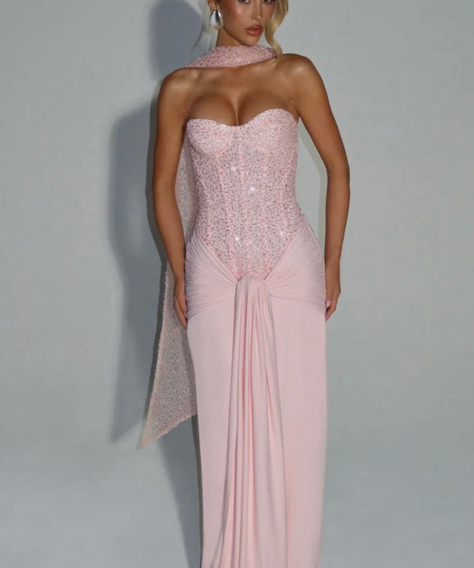 Esmeralda | Sculpted Bustier Embellished Mesh Maxi Dress